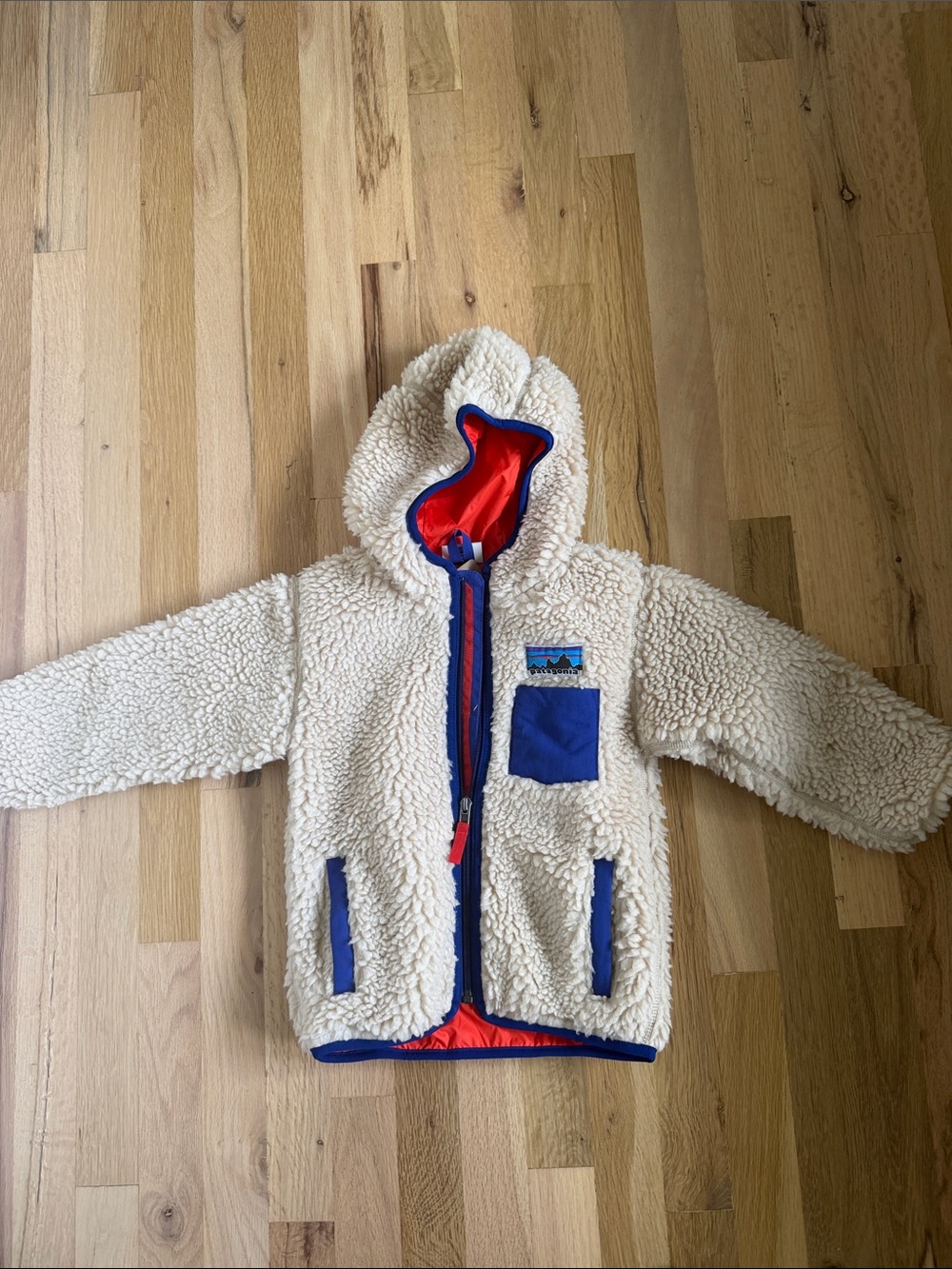 Patagonia baby retro-x Cream Sherpa Jacket with Blue Trim and Red Lining